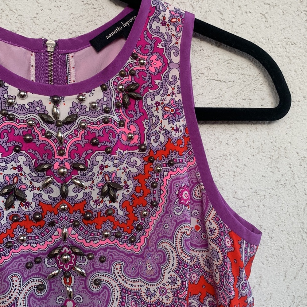 Nanette Lepore silk purples and pinks graphic tank top with beading. *spot* - Picture 3 of 9